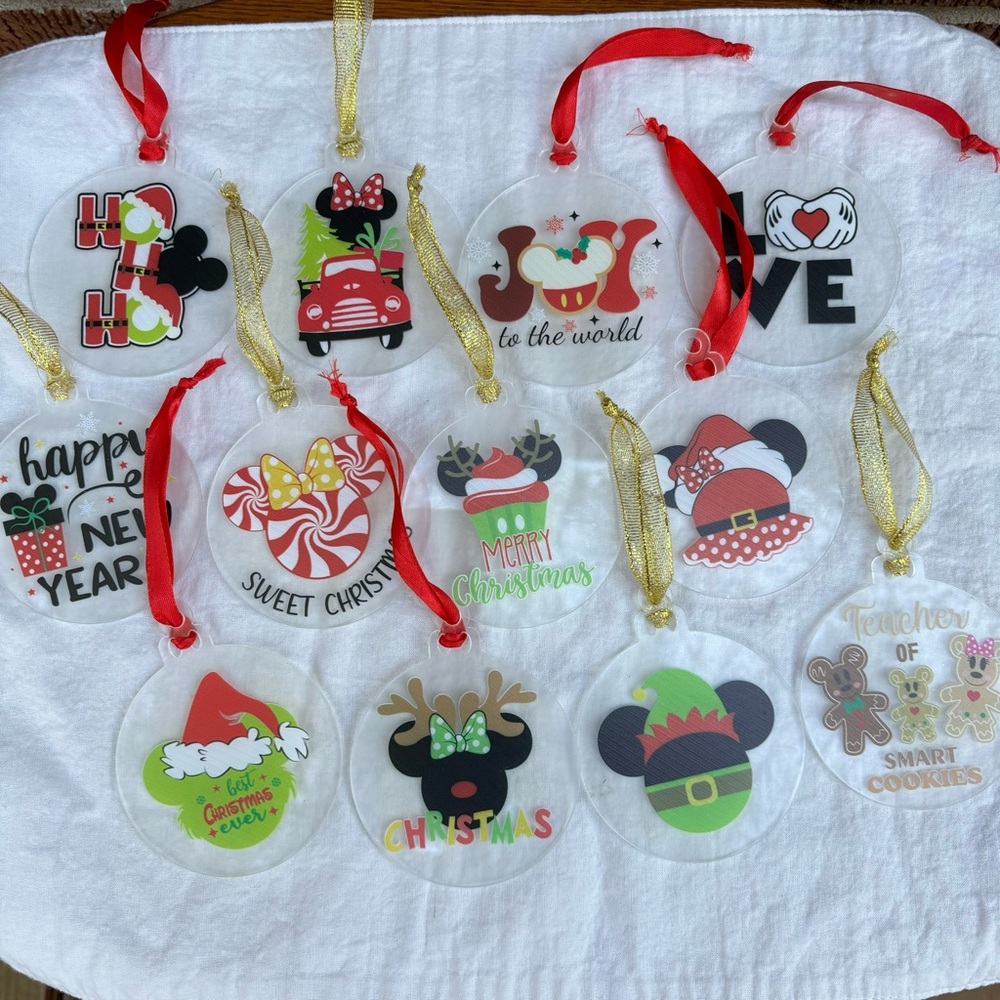 Disney Acrylic Christmas ornaments Mickey Minnie Ears 12 Piece Like New